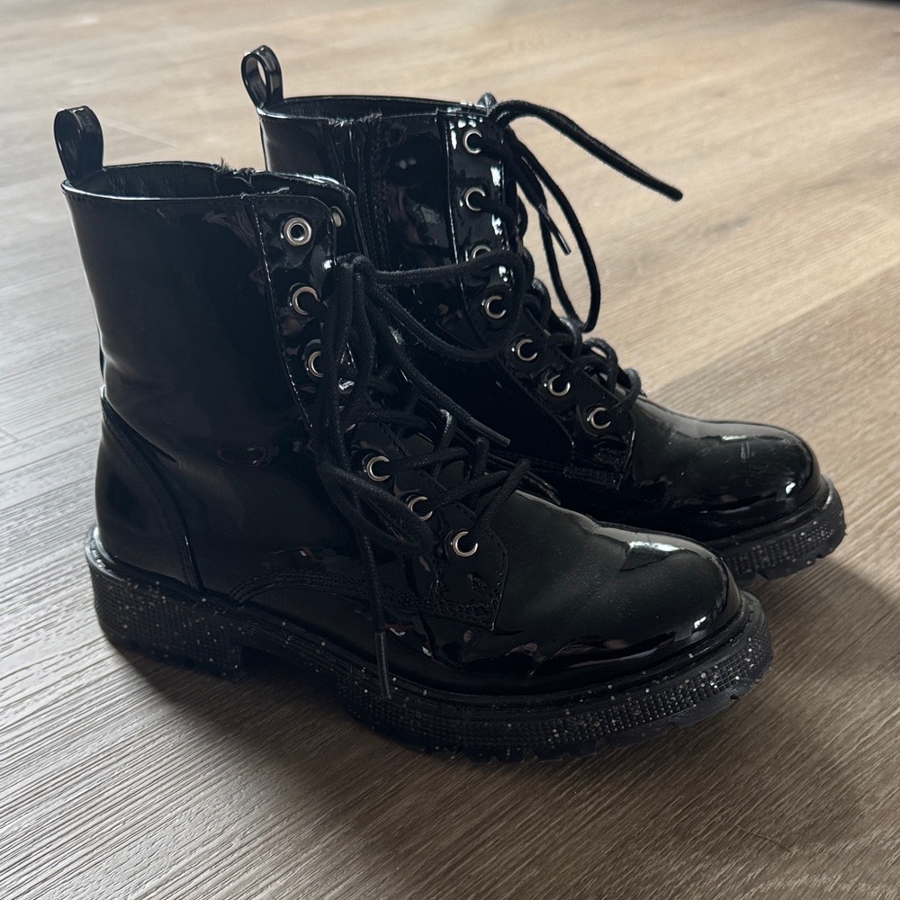 Glossy Black Lace-Up Boots